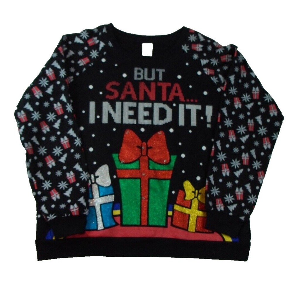 Freeze But Santa I Need It Christmas Sweater‎ XXL Black Glitter Holiday Pullover